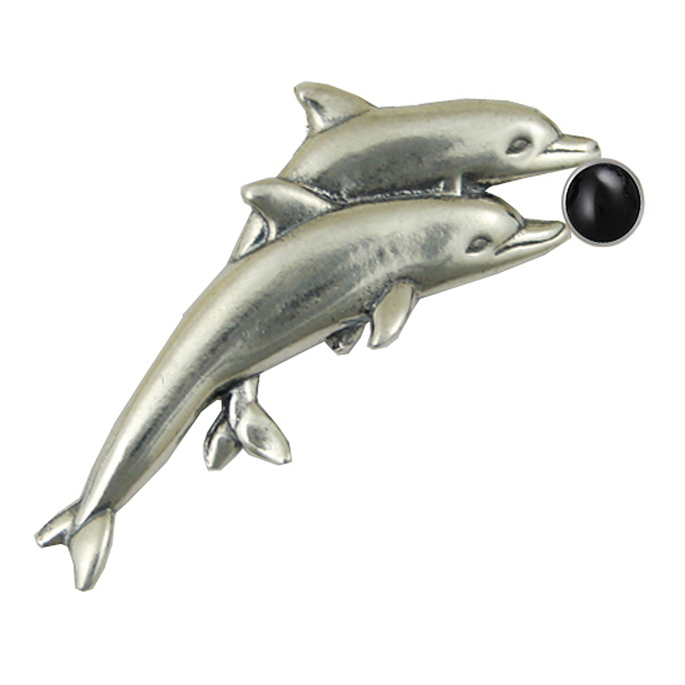 Sterling Silver Pair of Dolphins Pendant With Black Onyx